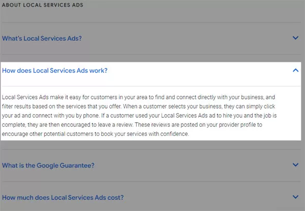Cách thức hoạt động của Google Local Service Ads (Ảnh chụp màn hình ngày 24/08/2022)