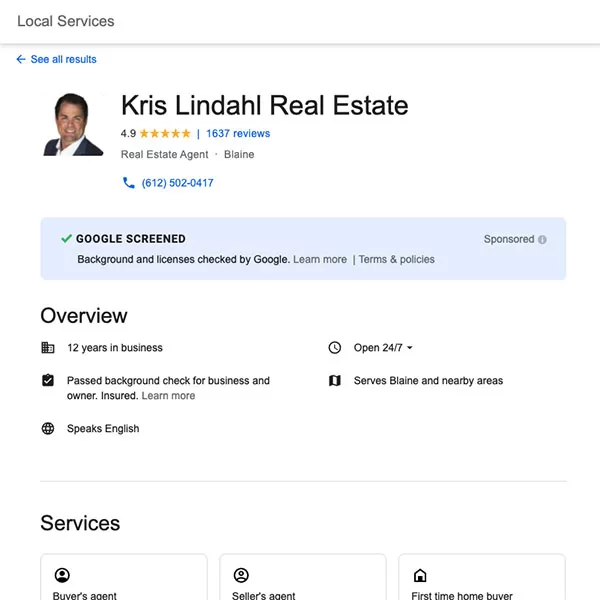 Ví dụ về thông tin của Chuyên gia bất động sản tại Minneapolis được hiển thị trong quảng cáo Google LSA