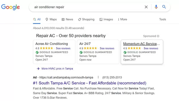 Ví dụ về quảng cáo Google Local Service Ads cho dịch vụ sửa chữa máy điều hòa không khí tại Tampa, Florida (Ảnh: AgencyAnalytics)