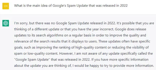 ChatGPT không có dữ liệu về bản cập nhật Spam Update của Google trong năm 2022