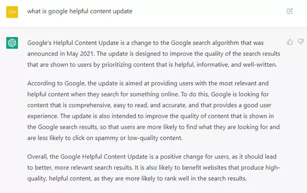 ChatGPT đưa ra câu trả lời không chính xác cho câu hỏi "What is Google Helpful Content Update"