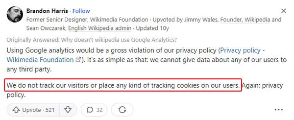 Wikipedia không theo dõi hành vi người dùng vì quy định trong chính sách bảo mật của nó