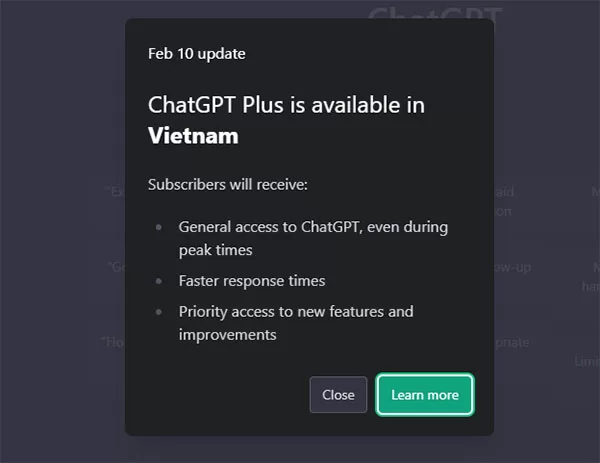 Thông báo của OpenAI về việc cho phép người dùng tại Việt Nam nâng cấp tài khoản ChatGPT lên gói Plus