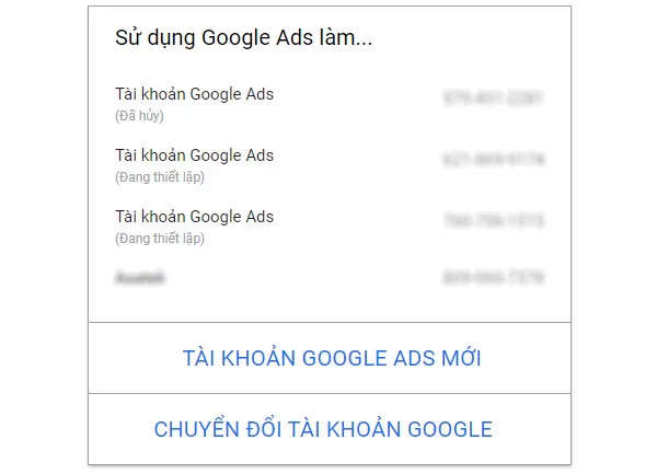 Chọn tài khoản quảng cáo Google Ads