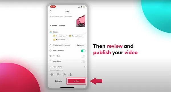 Đăng video Tiktok chứa link sản phẩm
