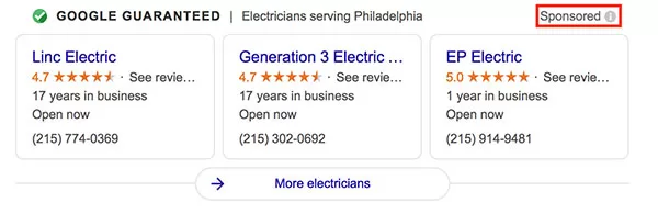 Ví dụ quảng cáo Google LSA cho dịch vụ sửa chữa điện tại Philadelphia