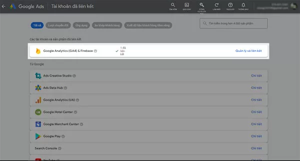 Thông báo hoàn tất liên kết dịch vụ Google Ads và Google Analytics
