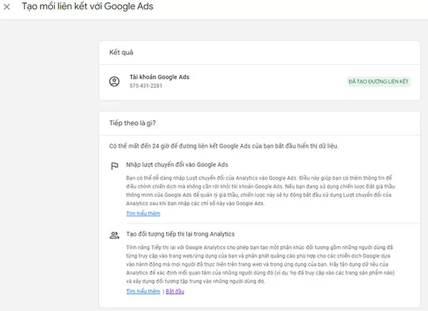Bảng thông báo hoàn thành việc cấp quyền chỉnh sửa thuộc tính cho tài khoản trên Google Analytics