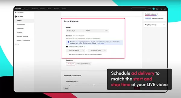 Lựa chọn khung thời gian quảng cáo LIVE Shopping trên Tiktok