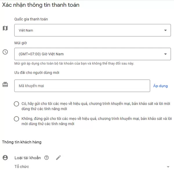 Nhập chính xác thông tin tài khoản thanh toán Google Ads