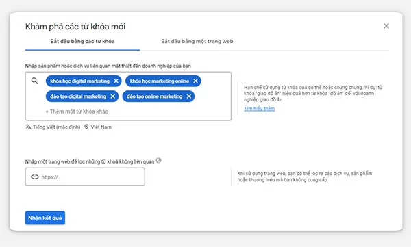 Nhập một vài từ khóa hạt giống để lấy ý tưởng từ khóa nhắm mục tiêu