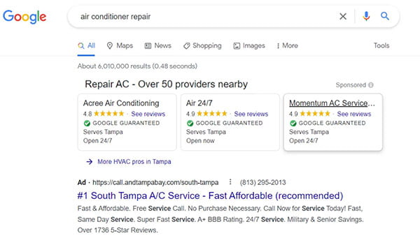 Ví dụ về quảng cáo Google Local Service Ads cho dịch vụ sửa chữa máy điều hòa không khí tại Florida
