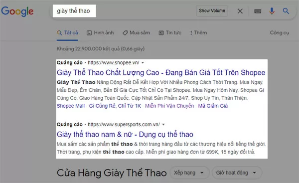 Quảng cáo Google về giày thể thao | Cách chạy Google Ads hiệu quả (Ảnh chụp màn hình ngày 03/08/2022)