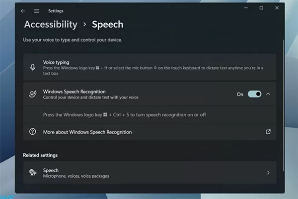 Kích hoạt Voice Typing và Speech Recognition trong Setting của hệ điều hành Windows