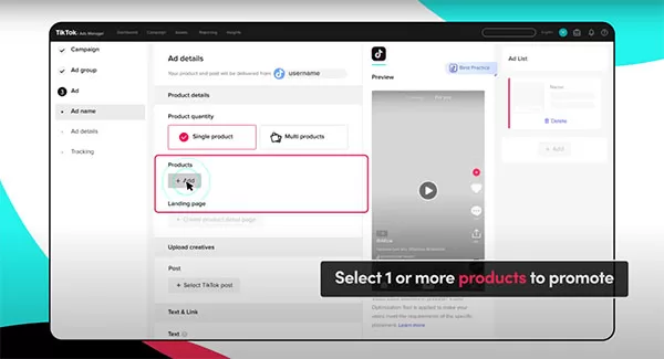 Thêm sản phẩm vào quảng cáo Video Shopping Ads trên Tiktok