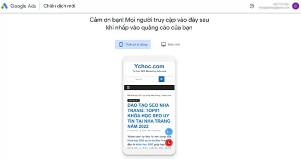 Kết quả sau khi thiết lập trang web cần chạy quảng cáo Google