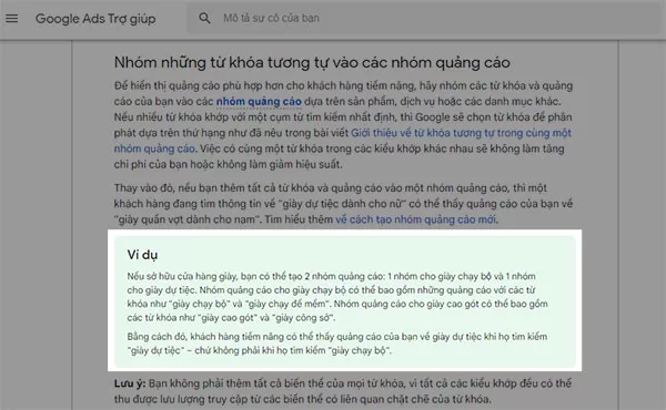 Ví dụ của Google về việc nhóm những từ khóa tương tự vào các nhóm quảng cáo (Ảnh chụp màn hình ngày 3/8/2022)