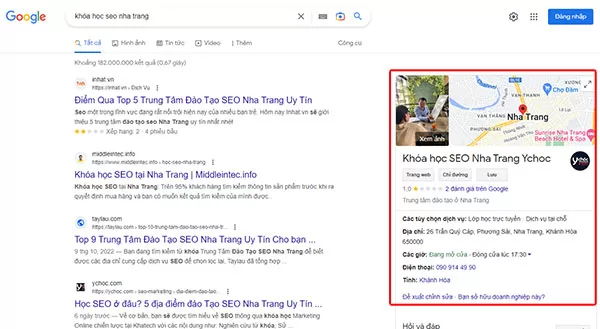 Ví dụ về Google Business Profile khi tìm kiếm bằng từ khóa "Khóa học SEO Nha Trang"