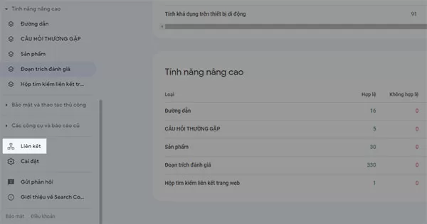 Chọn mục Liên kết trong menu ở cột trái của Google Search Console