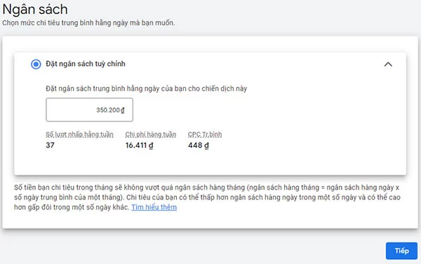 Cài đặt ngân sách quảng cáo Google Ads