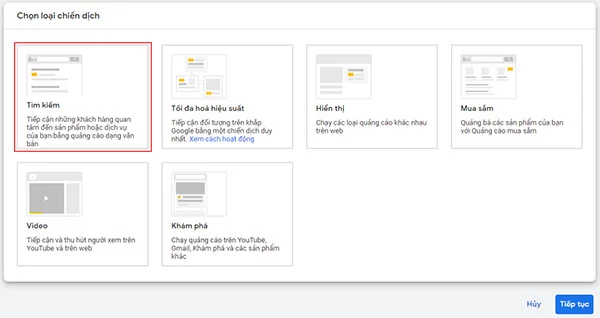Chọn loại chiến dịch quảng cáo là Tìm kiếm