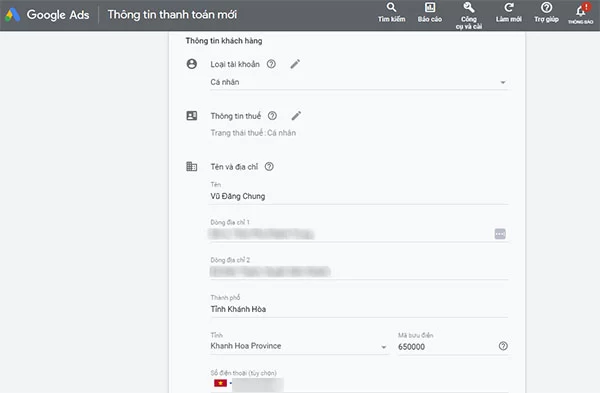 Khai báo đầy đủ thông tin của bạn trong phần Thông tin khách hàng