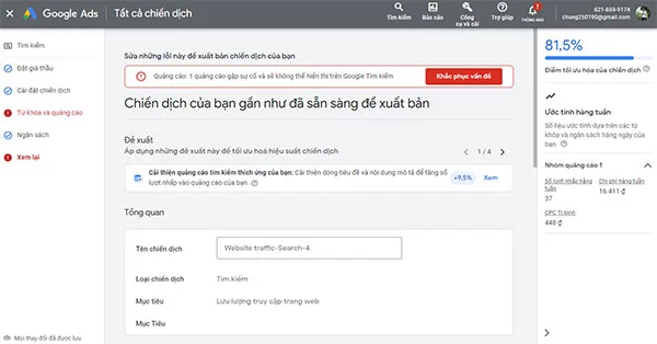 Hệ thống Google Ads cảnh báo lỗi quảng cáo cần khắc phục và chỉ dẫn vị trí cần chỉnh sửa