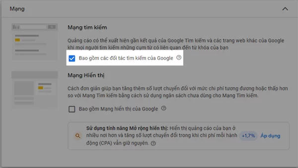 Hệ thống đang kích hoạt sẵn các đối tác tìm kiếm của Google