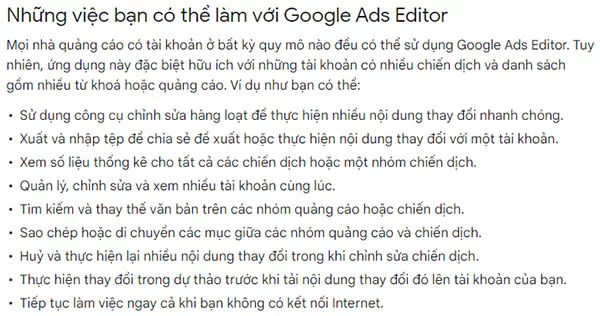 Những hoạt động mà bạn có thể thực hiện trên Google Ads Editor