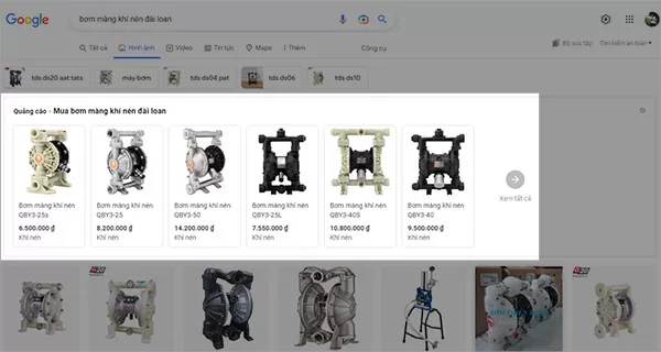 Ví dụ về quảng cáo Google Shopping Ads với cụm từ "bơm màng khí nén đài loan" trên Google hình ảnh