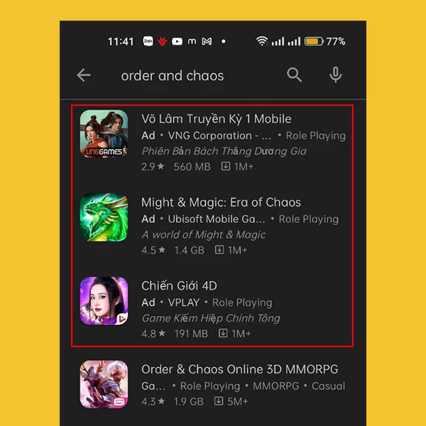 Ví dụ về quảng cáo game Android trên Google Play Store bằng hình thức Google App Ads