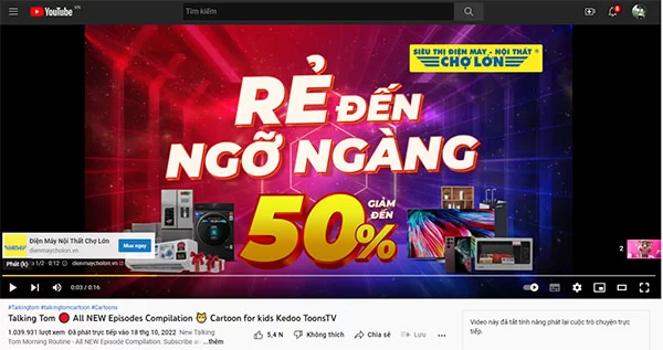 Ví dụ về quảng cáo video Youtube của một siêu thị điện máy tại Việt Nam trước khi bắt đầu video cho thiếu nhi