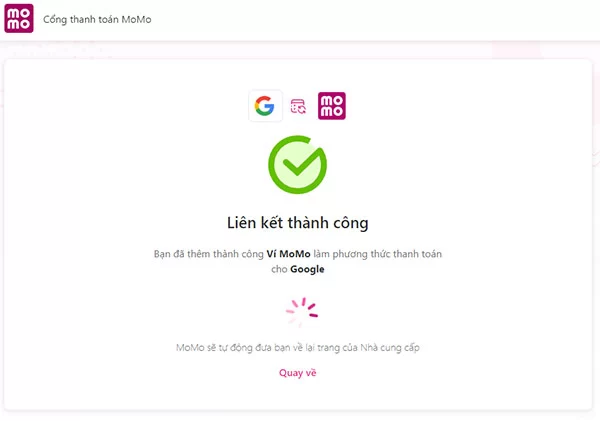 Thông báo liên kết ví Momo và Google Ads thành công