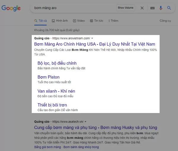 Quảng cáo Google Ads cho cụm từ khóa "Bơm màng ARO"