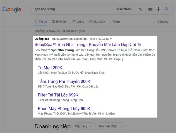 Ví dụ về quảng cáo Google Ads cho một spa thẩm mỹ tại Nha Trang khi tìm với từ khóa "spa nha trang"