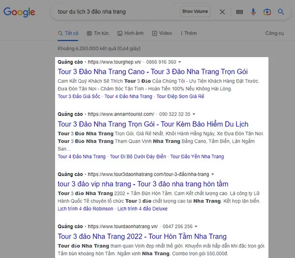 Ví dụ về quảng cáo Google Ads cho từ khóa "tour du lịch 3 đảo Nha trang"