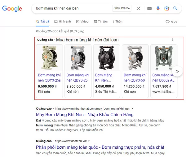 Ví dụ về quảng cáo Google Shopping cho truy vấn "bơm màng khí nén Đài Loan" trên trang kết quả tìm kiếm Google