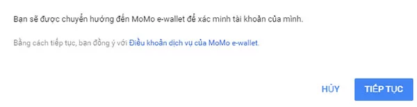 Thông báo chuyển đến trang Momo để xác minh tài khoản