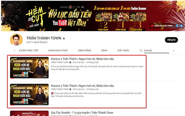 Video Trấn Thành quảng cáo mì Koreno trên Youtube