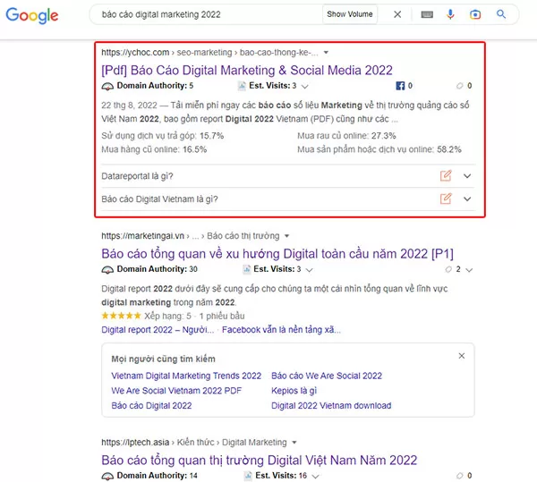 Kết quả tìm kiếm Google cho cụm từ khóa "Báo cáo Digital Marketing 2022" ngày 03/12/2022