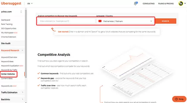 Để tìm keyword gap trên website của mình bằng công cụ Ubersuggest, hãy chọn Similar Website, nhập domain, ngôn ngữ và quốc gia rồi nhấn nút Search