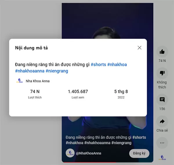 Thống kê lượng tương tác đối với video của NhaKhoaAnna trên Youtube Shorts