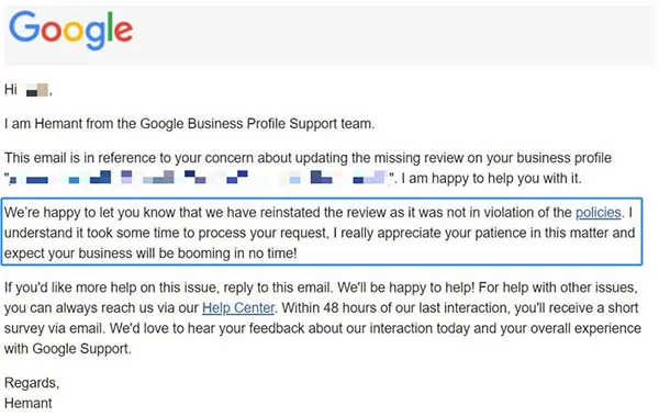 Google thông báo qua email về kết quả xử lý lỗi Review không hiển thị trên Hồ sơ Doanh nghiệp