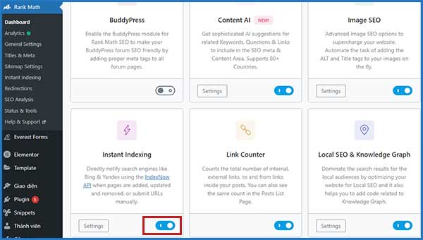 Kích hoạt Instant Indexing trong phần Dashboard của Rank Math SEO | Ychoc.com