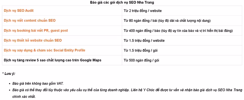 Báo giá các dịch vụ SEO Nha Trang riêng lẻ của Y Chóc