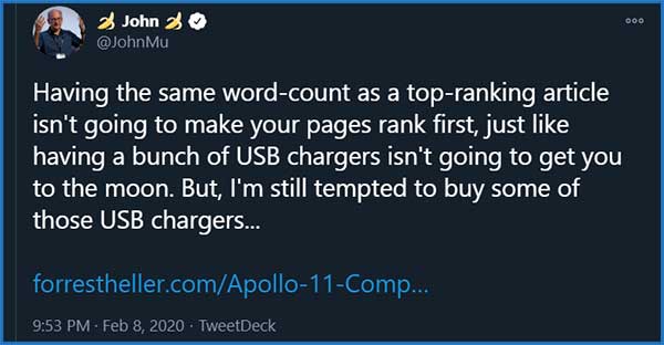 John Mueller nói trên Twitter rằng Word count không phải yếu tố xếp hạng | Ychoc.com