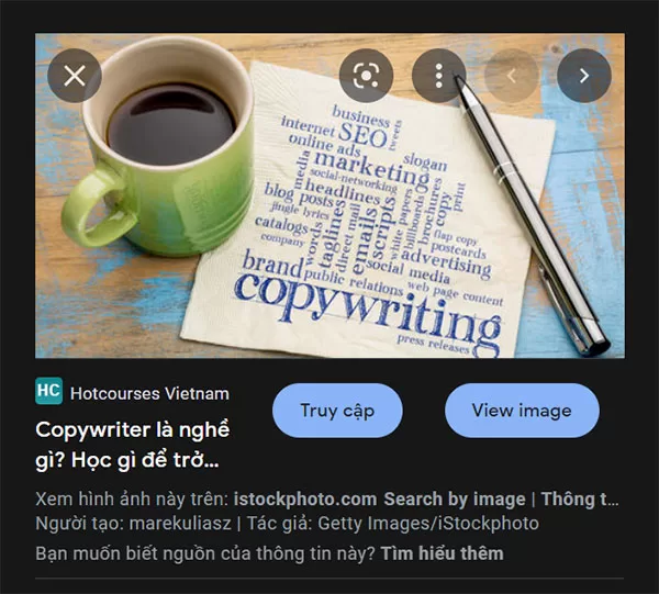 Ví dụ về Image License Schema được kích hoạt trên Google Image