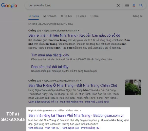 Kết quả tìm kiếm Google với từ khóa "bán nhà Nha Trang" (Ảnh chụp màn hình Google 17/8/2022)