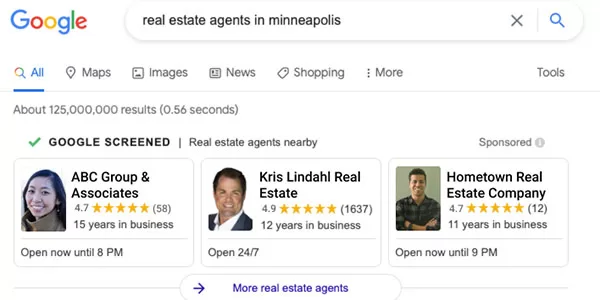 Ví dụ về quảng cáo Google LSA cho bất động sản tại Minneapolis với từ khóa "real estate agents in Minneapolis" (Ảnh: Follow Up Boss)