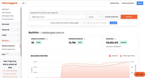 Ví dụ về việc kiểm tra backlink của website Batdongsan[com][vn] bằng công cụ Ubersuggest